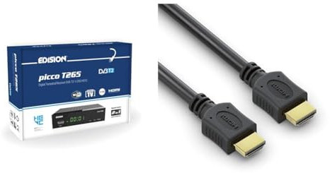 EDISION Picco T265, TDT Alta Definición H265 HEVC, Receptor DVB-T2, Soporte WiFi & conecto Cable HDMI Alta Velocidad con Ethernet, Ultra-HD, Conector Chapado en Oro, 4K, Negro, 1,50m