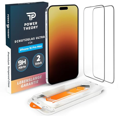Power Theory Schutzglas für iPhone 16 Pro Max Schutzfolie, Ultra-Glas Displayschutz Folie mit 9H Glas Bruchfestigkeit, Blasenfreie Anbringung & Schnelle Installation [2 Stück]