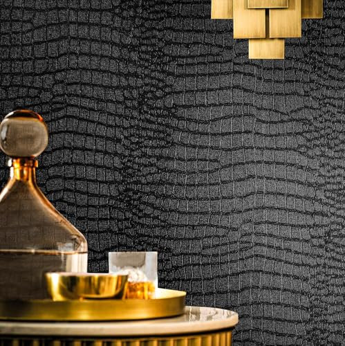 Fititem Black Peel and Stick Wallpaper 118inL 17.3inW Black Contact Paper for Cabinets Removable Textured Modern Crocodile Self Adhesive Wallpaper for Bedroom Bathroom Waterproof Leather Contact Paper