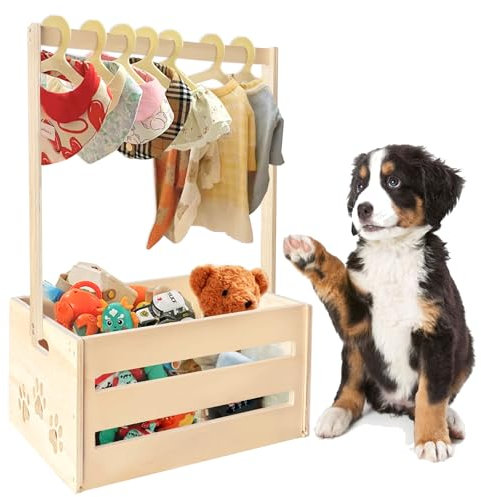 25 x 17 x 12 Wooden Pet Wardrobe Closet,Puppy Toy Basket with Hanging Rods,Pet Clothes Rack for Dog Organization and Storage,Wooden Crate for Dog/Cat Closet,Perfect for Toys Clothes and Accessories