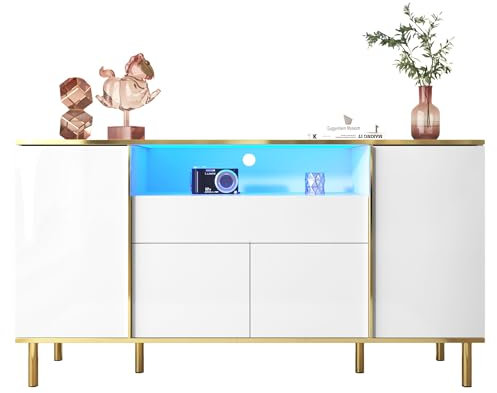Azkoeesy Credenza 150 cm con LED per soggiorno, Bianco lucido con oro, 4 ante e 1 cassetto, apertura a pressione, mobile TV, cassettiera, per sala da pranzo e cucina