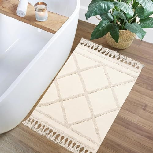 INKAROBOX Teppich Läufer Flur, Boho Beige Getuftet Baumwollteppich mit Gewebt Quasten, Waschbarer Teppich für Badezimmer Küche Wohnzimmer Schlafzimmer Flur Esszimmer (Beige, 90 x 60 cm (Rechteckig))