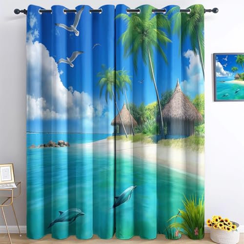 XCQHZYQ Lot 2 Rideau Occultant Enfant pour Fille Garcon L117 x H138 cm, Palmiers Plage Mer Paysage Marin Nature Rideau Occultant Thermiques Phonique Anti Froids, Décor Fenêtre Chambre Salon