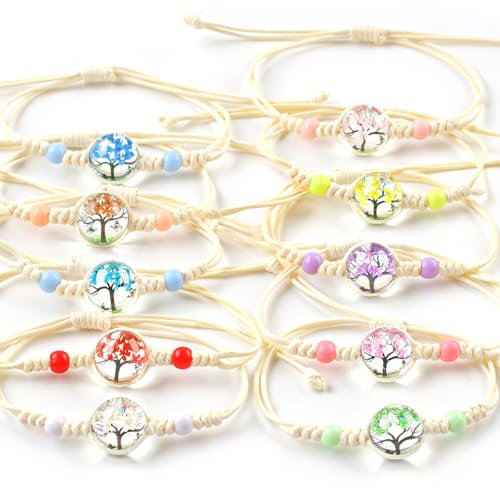 Hopton Freundschaftsarmbänder, 10 Stück Geflochten Freundschaftsarmband,Verstellbare Armband Freundschaft Bunte Baum des Lebens für Damen Mädchen Kinder Mitgebsel (Baum)