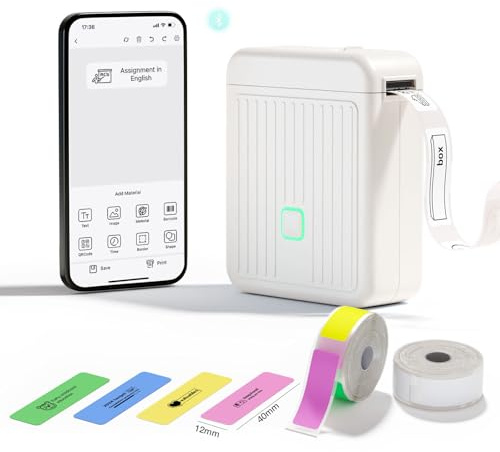DOLEWA Etikettendrucker mit wasserdichte Etiketten Selbstklebend(12 * 40mm),Bluetooth Beschriftungsgerät Tragbarer Etikettiergerät 2000mAh Kompatibel mit iOS&Android für Home-School-Büro (Weiß)