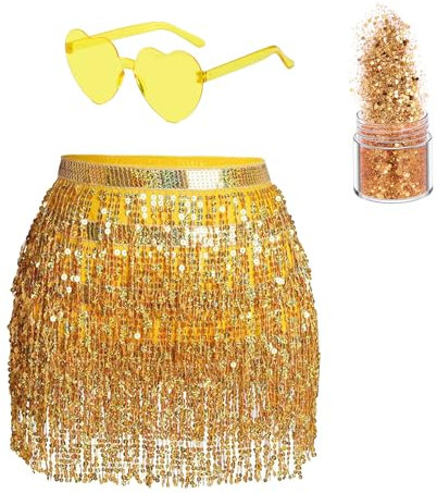 Pailletten Rock Damen Bauchtanz Hüfttuch Glitzer Rock Glitzer und Brille Karneval QuastenRock für Damen (DE/NL/SE/PL, Alphanumerisch, Einheitsgröße, Regular, Regular, Gold)