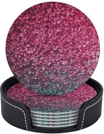 Drink Coasters 6 Pcs Leather Coasters with Holder 3D Pink Glitter Coasters for Drinks Heat-Resistant Mug Mats Round Coffee Cup Pads Non-Slip Coasters for Coffee Table Kitchen Bar Decor