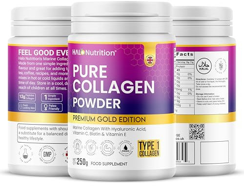 Collagen Powder, Premium Gold Edition Marine Collagen Peptides Powder by Halo Nutrition - High Levels of The 8 Essential Amino Acids, Collagen Supplements, Halal & Kosher, Made in UK