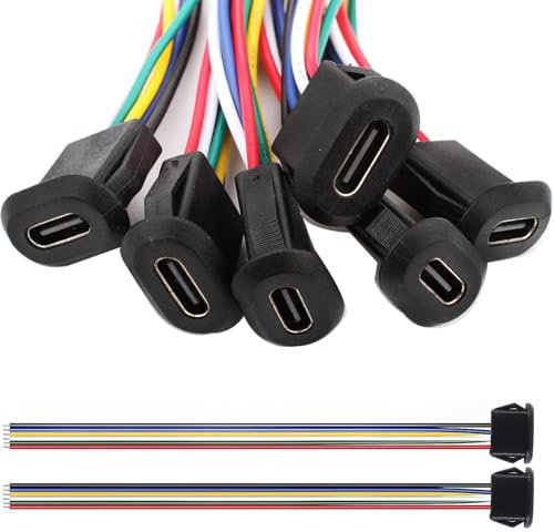 RUNCCI-YUN 6 Stücke USB C Buchse 5V 3A 6 Polige mit Schnappnut Schnalle, 6-Draht USB C löten einbaubuchse mit PD Funktion,150mm 24 AWG Drähten, Schwarz