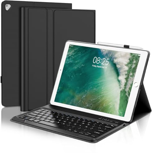 IVEOPPE Coque Clavier pour iPad Pro 12.9 12,9 2017/2025 (2e, 1e génération), Étui Keyboard Bluetooth Magnétique Clavier (AZERTY, Français), Noir