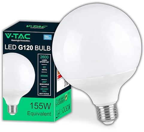 V-TAC LED Glühbirne Globe E27 22W (entspricht 125W) G120-2600 Lumen - LED Lampe Globeform - LED Glühlampen - Energiesparlampe - Licht 6500K Kaltweiß