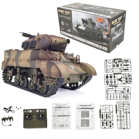 ENGINEMECH WW2 U.S. M8 RC Panzer mit Sound, Raucheffekt, Lichter, 2.4G 1:16 Mittlerer Militär Panzer 350°-Drehung des Turms, Geschenk für Erwachsene Militärliebhaber