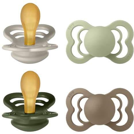 BIBS Supreme Schnuller, 6-18 M., 4er-Pack, Sand/Sage/Hunter Green/Dark Oak | Symmetrischer Sauger | Naturkautschuklatex | Größe 2 | BPA-frei | Hergestellt in Dänemark | Hohe Akzeptanz | Luftlöcher