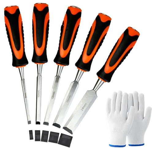 ZBXSNK 5 Pcs Wood Chisel Sets (6, 10, 12, 18 & 24mm), Professional Woodworking Tools with Gloves, Wood Carving Chisels Cr-V Bevel Edge Chisels with Steel Strike Caps