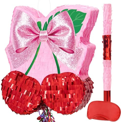 WERNNSAI Piñata de Cereza - Decoraciones de Fiesta de Lazo Rosa Piñata Brillante de Cereza con Lazo con Venda para los Ojos y Palo para Decoraciones de Fiesta Coquette Cumpleaños de Princesa Despedida