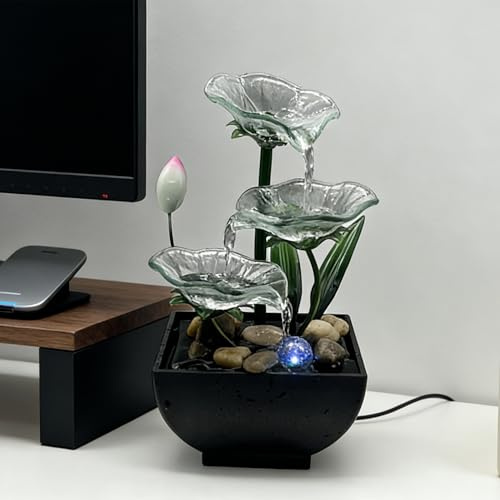 AOZITA Tabletop Water Fountain,3-Tier Transparent Acrylic Lotus Leaf Zen Fountain,Indoor Water Feature for Home Office Fengshui Decor Decor