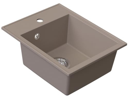 HOMEVELLO Spülbecken PIXEL Einbecken Granitspüle 40x50x18,5cm Beige, Hochwertige Küchenspüle mit Siphon, Überlauf, Pflegeleicht, Kratzfest, Moderne Design, Perfekt für jede Küche