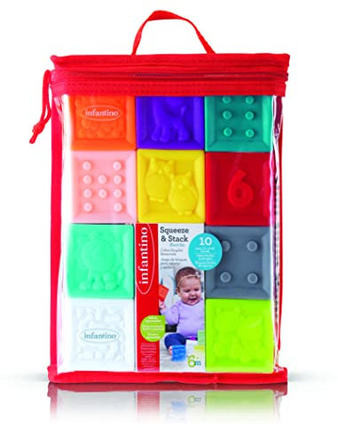 Infantino Squeeze and Stack Set de cubes - 10 cubes souples colorés et doux avec des chiffres, des animaux et des formes pour l'exploration sensorielle et les premières aptitudes à empiler Multicolore