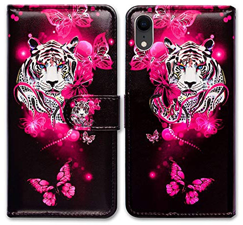 Bcov iPhone XR Case, White Tiger Butterfly Leather Flip Wallet Case Cover with Card Slot Holder Kickstand For iPhone XR