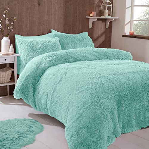FAUX FUR SHAGGY Long Pile Face, Soft Touch Plush Fleece Reverse, Duvet Cover Set with Pillow Case Thermal Fluffy Winter Warm Cozy Cuddly Bedding Bed Set (Duck Egg Green Blue, Double)