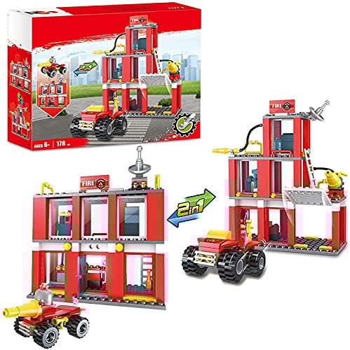 2 in 1 Feuerwehrstation Bausets mit Feuerwehrauto Stadt Feuerwehrbausteine für Kinder Konstruktionsspielzeug für Jungen und Mädchen im Alter von 6–12 Jahren 178 Stück