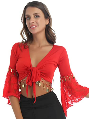 Runhomal Damen Bauchtanz Kostüm Bauchfrei Oberteil Crop Top mit Pailletten Quasten Tanz Kostüm Party Outfits Rot XXL