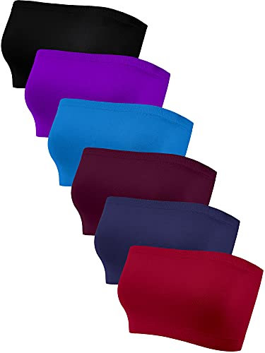 Geyoga 6 Stück Trägerlose Bandeau BHS für Damen (Schwarz, Lila, Seeblau, Lilarot, Marineblau, Burgund, M)