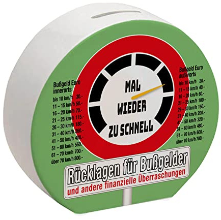 Zu schnell gefahren Bußgeld Spardose in grün mit Straßenschild Motiv um für einen Strafzettel zu sparen für den Führerschein mit Bußgeldkatalog für Autofahrer