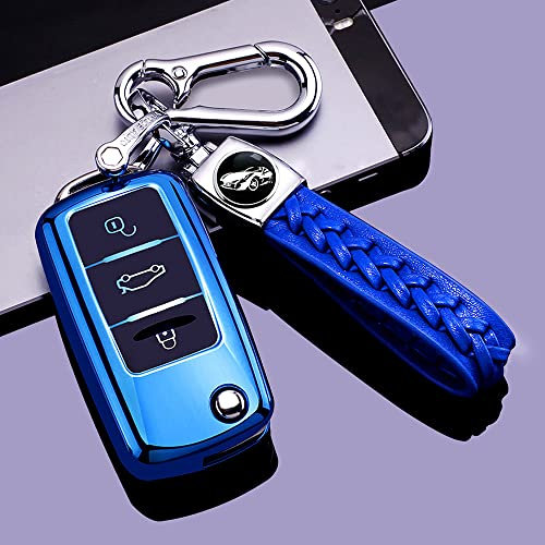 RXXR Schlüsselanhänger Abdeckung Kompatibel für VW Beetle Passat Tiguan Touran Jetta MK1-MK6 Golf GTI/Rabbit/R/MK6/MK5 Premium Soft TPU Vollschutz 3 Tasten Schlüsselanhänger Schale Blau