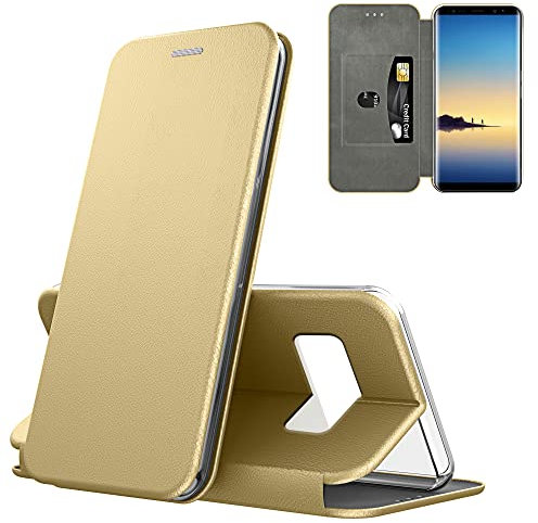 N NEWTOP Cover Compatibile per Samsung Galaxy Note 8, Chiusura Magnetica 360 Capsule Flip Custodia Libro per Carta di Credito Simil Pelle TPU Interno Funzione Stand Supporto (Oro)
