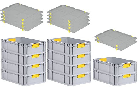 PROREGAL SuperSparSet 10x Eurobox NextGen Color mit Auflagedeckel & Schiebeschnappverschlüsse, HxBxT 17x40x60cm, 34L, Griffe gelb geschlossen, Glatter Boden, Eurobehälter Transportbox