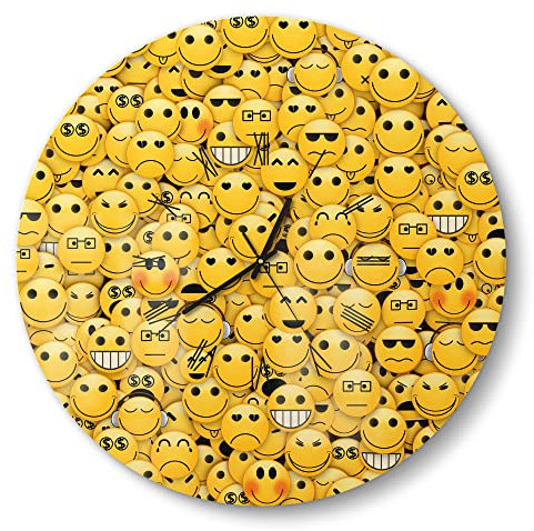 DEQORI Glasuhr | rund Ø 50 cm | Motiv Vielzahl von Smileys | große XXL Design Uhr aus Glas | leise Wanduhr für Wohnzimmer & Küche | Moderne Hingucker Uhr für die Wand