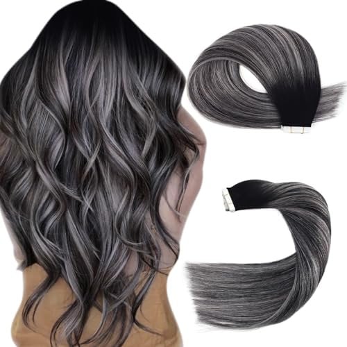 Sassina Remy Tape in Extensions Echthaar 35cm Unsichtbare Nahtlose Tape in Haarverlängerungen Natur Schwarz zu Silber Tape in Echthaar Verlängerungen 20 Stück 50g #1BT1B