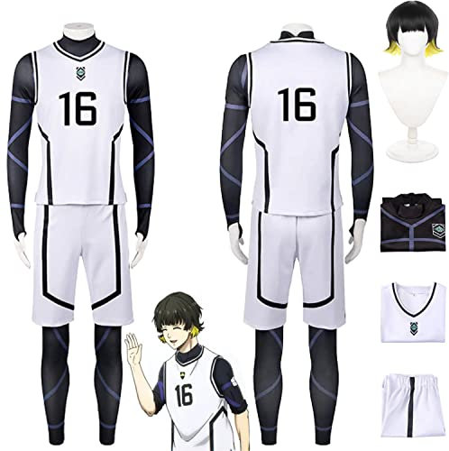 Tjmiaohao Anime Blue Lock Bachira Meguru Nr. 16 Cosplay Kostüm Outfit Football Jersey Sportswear Uniform Full Set Halloween Party Dress Up Anzug mit Perücke für Herren Jungen (L)
