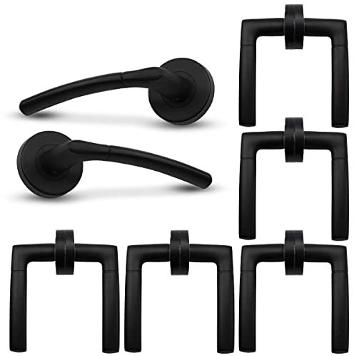 Bwintech 6 Sets Matt Black L090 Aluminium Lever Handle on Rose, Internal Door Handle for Bedroom and Bathroom, Without Escutcheon