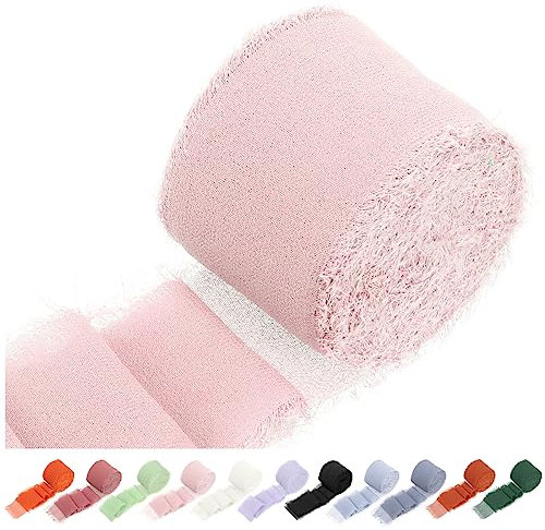 Swpeet Lot de 1 rouleau de rubans rose clair d'environ 1,5 x 11 yard - Ruban en mousseline de soie fait à la main - Ruban à franges en tissu - Sable et nude fait à la main - Pour emballage cadeau,