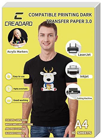 Transfer Paper for Inkjet and Laser Printers, T-Shirt Heat Transfer Paper, Printable Heat Transfer Vinyl, Suitable for Black and Dark-Colored Fabrics, Easy to Cut and Use. 10 Sheets A4 (8.3*11.7)