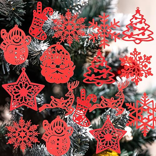 VEYLIN Christmas Tree Decoration - 20 Pcs Glitter Ornaments, Xmas Hanging Snowman, Reindeer, Snowflake Decorations (Red)