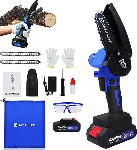 Mini tronçonneuse électrique sans balais de 10,16 cm avec batterie et chargeur, 21 V MAX - Portable - Avec sécateur électrique - Petite tronçonneuse avec 2 chaînes pour bois, branches et troncs