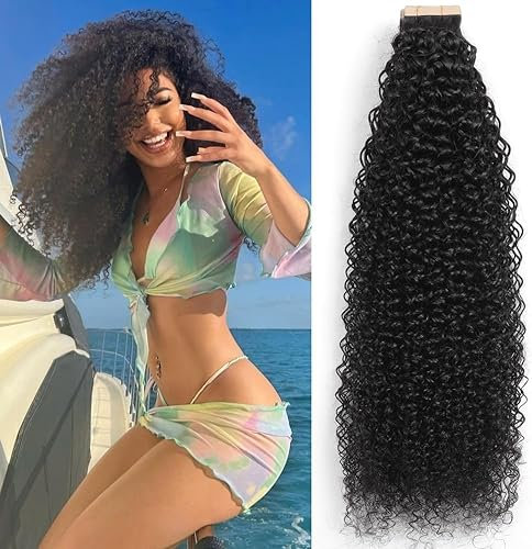 YDDM Schwarze Frauen tape extensions echthaar schwarz Kinky Curly Tape in haarverlängerung echthaar tapes unsichtbare extensions echthaar tape extensions echthaar 24 Zoll 60 stück 150G