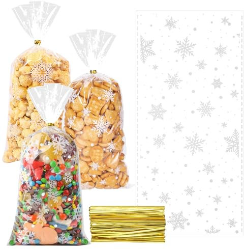 Cellophantüten, 100 Stück Weihnachten Süßigkeiten Tüten, Schneeflocke Plätzchentüten, Klarsichtbeutel Zum Befüllen, Transparent für Plätzchen