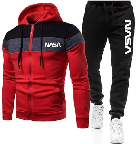GIOPSQ Herren Trainingsanzug Set Jogginganzug NASA Kapuzenjacke mit Reißverschluss + Hose Sportbekleidung Jogger/D/XXL