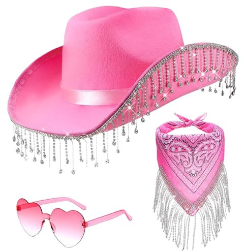 Anloximt Cowboy Hut Damen Partybrille Accessoires Cowgirl Hut Cowboy Hut Cowboyhut Mit Strass Fransen Glitzer Cowgirl Hut Karneval Kostüm Zubehör Kopfbedeckung Für Damen Herren, Rosa