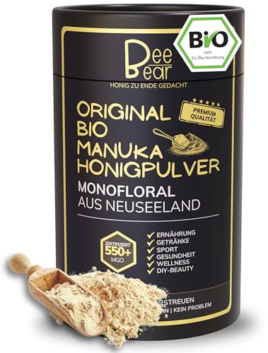 BeeBear Manuka Honigpulver MGO 550 | Bio Nahrungsergänzungsmittel + Superfood Pulver Bio zB für Smoothie & gesundes Frühstück | Porridge Topping Quark & Joghurt | Immunsystem stärken & Energy Pulver