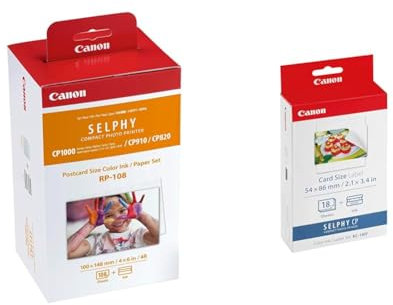 Canon RP-108 kit encre couleur pour imprimante Selphy au format carte postale & KC-18IF Kit 18 Impressions (papier + Encre) Format Carte De Crédit Autocollant 5,4 X 8,6 Pour SELPHY CP1300
