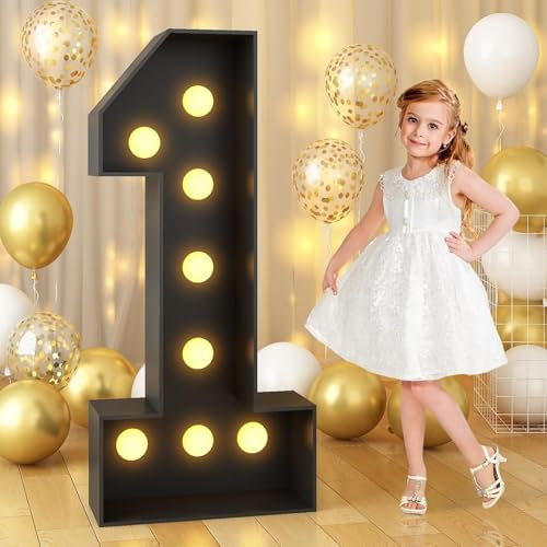 Black Marquee Light Up Number 1, Letter LED Light Sign Pre-cut Foam Glowing Mosaic Light Decor for Birthday Proposal Anniversary Wedding, 120CM/4FT