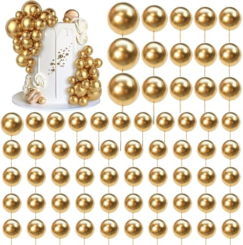 66 PCS Ball Cake Picks Gold 4 Sizes for DIY Baking Decoration Cupcake Toppers and Wedding Anniversary Birthday