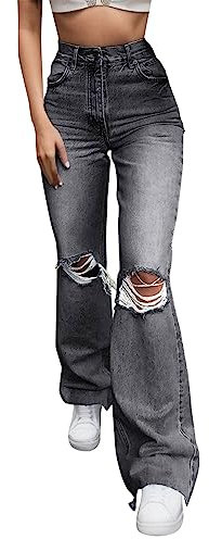 Baggy Jeans Damen Y2k - Zerrissenes lockeres gerades Bein Hose mit hoher Taille Klamotten Für Jugendliche Mädchen Sommer Teenager Summer Loose Capri Wanderhose 001k Grau, S
