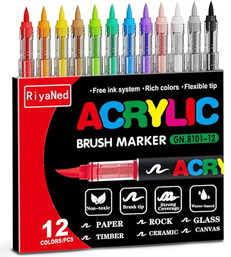 RiyaNed 12 Textilstifte waschmaschinenfest,Weicher Kopf 1.0-6.0 mm - Textilmarker Zum Malen auf Stoff.