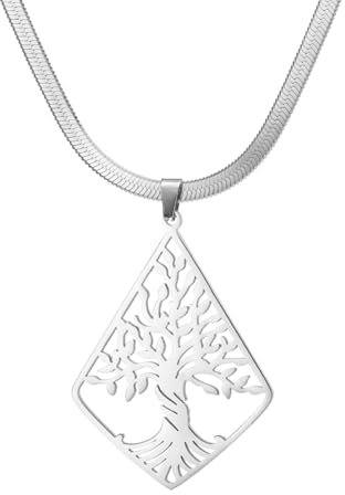 kkjoy Collier Rhombique Arbre de Vie en Acier inoxydable Collier Pendentif Arbre de Vie de Famille Inspiré par la Nature Bijoux Spirituels pour Femme Homme